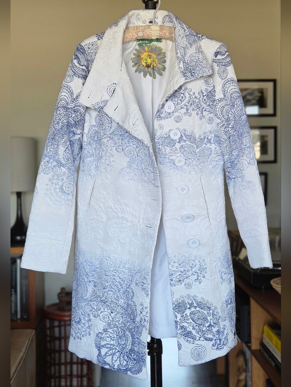 Desigual White & Blue Ombre Tapestry Long Coat - Picture 9 of 11